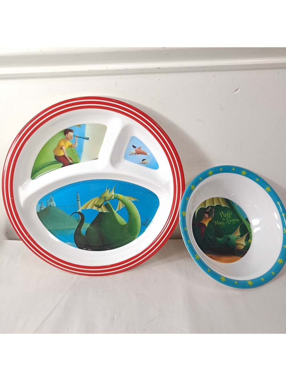 Puff the Magic Dragon bowl & divided plate set Melamine Kids Preferred toddler